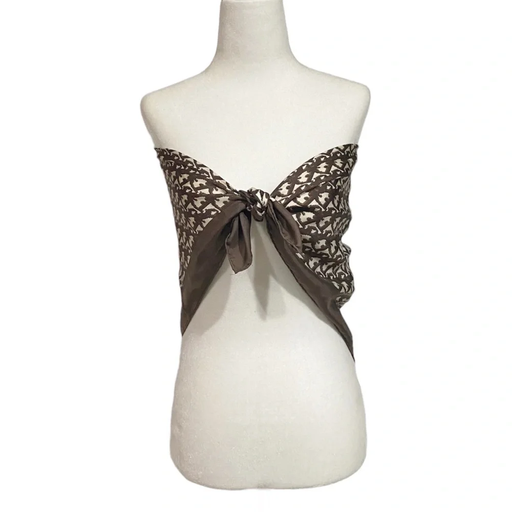 AUTHENTICATED DIOR Trotter Brown Scarf Silk Top Headpiece Bag Sarong